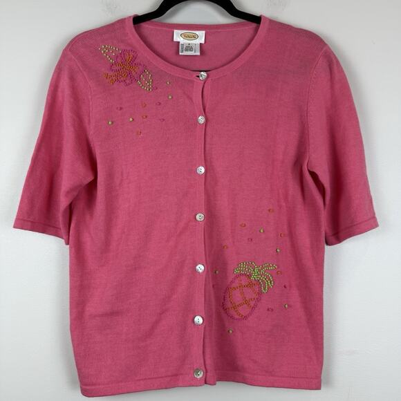 Vtg Talbots Cardigan Sweater Womens 8 Pink Pineapple Embroidery Cottage Granny - Picture 1 of 9
